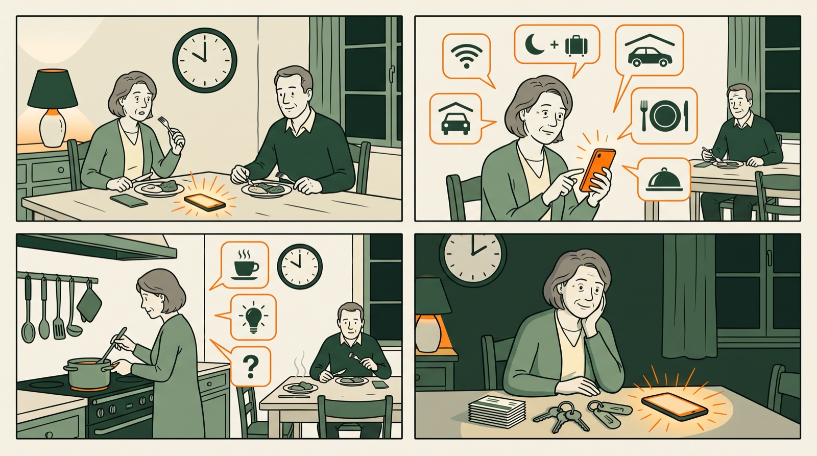 Bande dessinée en quatre cases : à 22 h, une hôtesse est interrompue en plein dîner par son téléphone ; les questions des voyageurs s’accumulent (Wi-Fi, arrivée tardive, parking, dîner), jusqu’à tard dans la nuit.