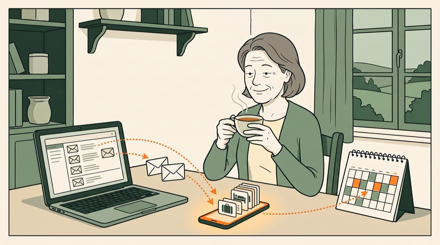 De gastvrouw drinkt thee aan haar bureau terwijl bevestigingsmails en haar agenda de verblijven automatisch op haar telefoon zetten.