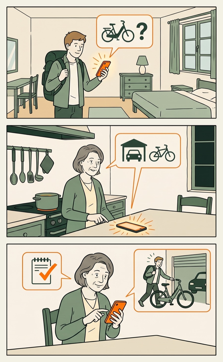 Strip in drie vakjes: een gast vraagt of hij zijn elektrische fiets kan stallen; de gastvrouw antwoordt op haar telefoon: in de garage; Léon onthoudt het antwoord en de gast zet zijn fiets weg.